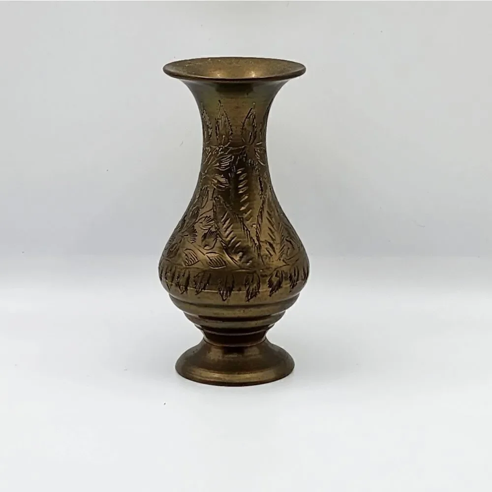 Vintage Brass Bud Vase India Hand Engraved  Design